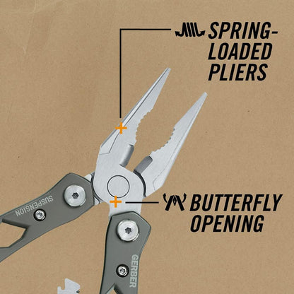 Gerber Gear Suspension 12-in-1 EDC Multi-Plier Multitool with Pocket Knife, Needle Nose Pliers, Wire Cutters and More, Gifts for Men, Camping and Survival, Grey