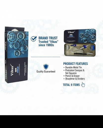 Vikas Vision + Geo World Geometry Box Combo | Metal Geometry Boxes with Full Math Instrument Kit | Ideal for Class 4–12 & Engineering Students | Exam-Ready School Combo Set