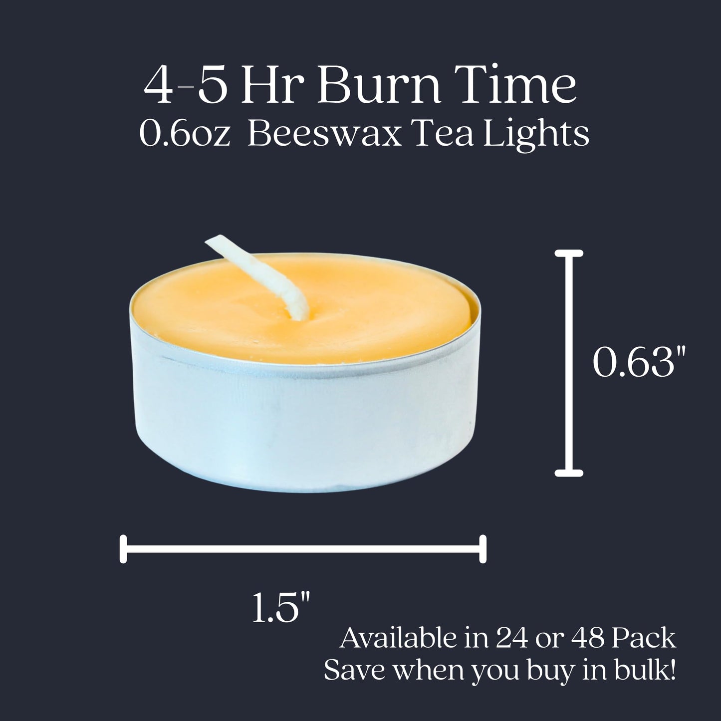 Bluecorn Beeswax Tea Light Candles, 100% Pure Natural Bees Wax, Yellow Tea Lights in Metal Cups, Fragrance Free, Paraffin & Soy Free Candle Wax, Clean Burning, Long Lasting, American Made, 48 Pack