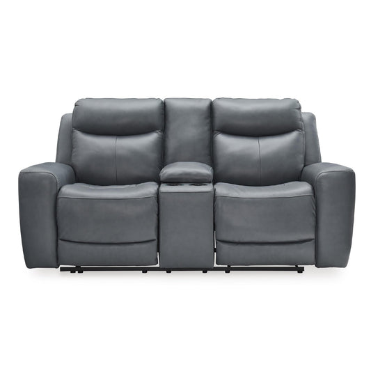 Signature Design by Ashley Mindanao Modern Leather Match Upholstered Power Reclining Loveseat with Console, USB Ports and Cup Holders, Gray