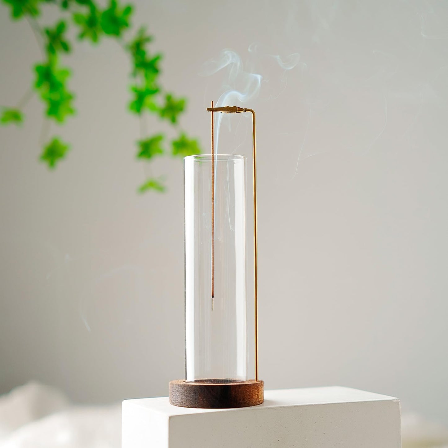 Incense Holder for Sticks, Anti-Ash Flying Incense Burner with 30 Incense Sticks, Detachable Glass Ash Catcher (Wood, Brown-2Pcs)