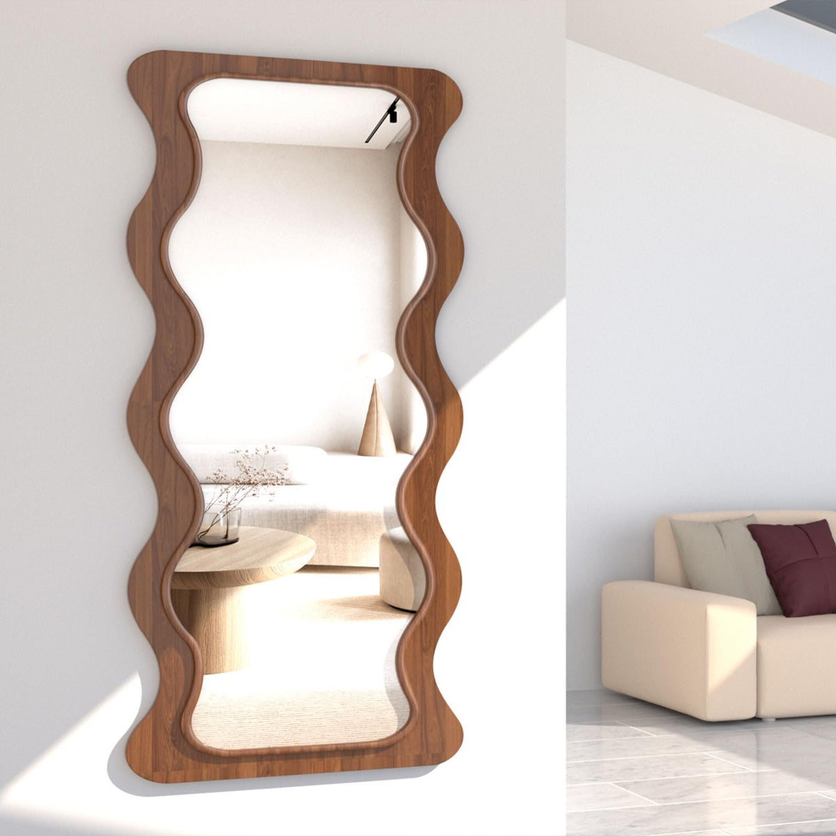 OUSIMY 65" x 24" Wavy Full Length Mirror Wood Framed, Hanging or Leaning for Bedroom Dressing Living Room