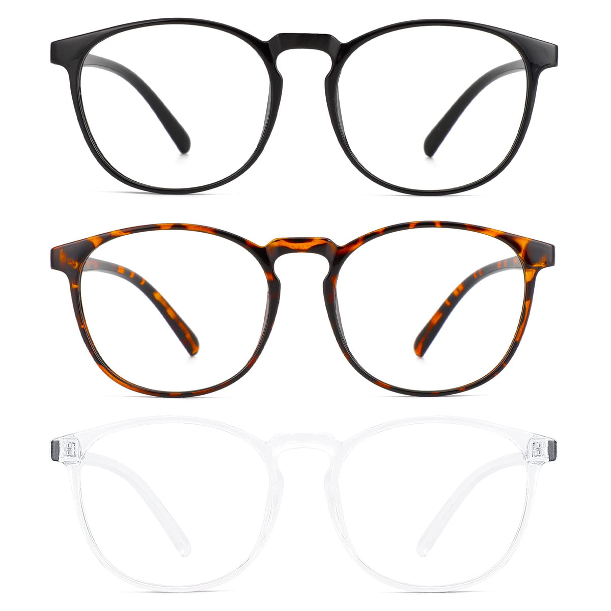Przene 3 Pack Blue Light Blocking Glasses Women/Men,Retro Round Computer Glasses Anti Eye Strain/UV/Glare, Gaming Glasses. (Black/Crystal/Amber)