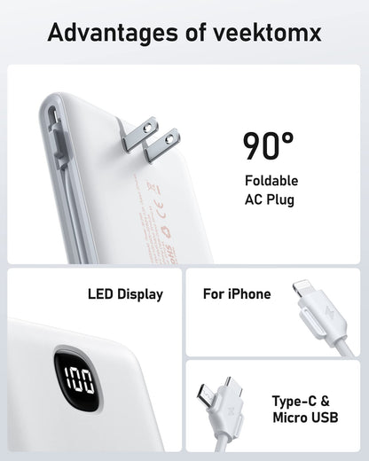 VEEKTOMX Portable Charger with Built in Cables 10000mAh, Power Bank for iPhone with AC Wall Plug, Fast Charging USB C Slim Battery Pack with LED Display Compatible with iPhone 17/16/15/14, Samsung