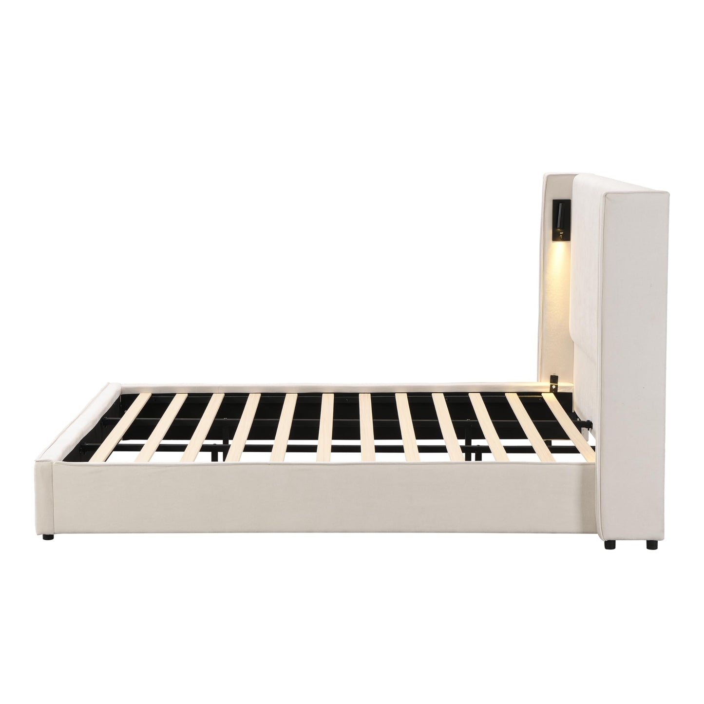 Christopher Knight Home Hazel 49.20" H King Headboard Bed, Upholstered King Size Bed, Slats Panel Support Platform, No Spring Box Needed, Wingback Headboard with Reading Lamps and USB, Beige