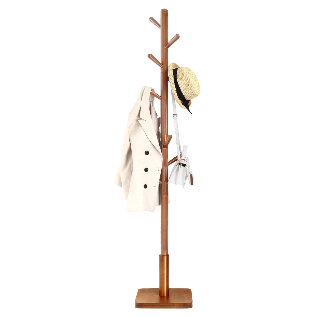 VASAGLE Solid Wood Coat Rack, Free Standing Hall Coat Tree with 8 Hooks, 3 Height Options, for Coats, Hats, Bags, Purses, for Entryway, Hallway, Rubberwood Hooks and Pole, Dark Walnut URCR010W01