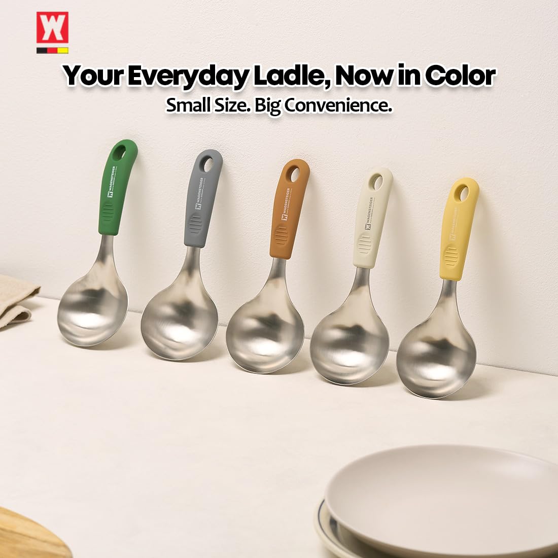 Short Stainless Steel Ladle 220mm (8.6”) – SUS304 Thick Deep Bowl Head with Soft-Grip Silicone Handle – Lightweight Mini Soup & Serving Spoon for Cooking – 5 Color Options (Ivory)
