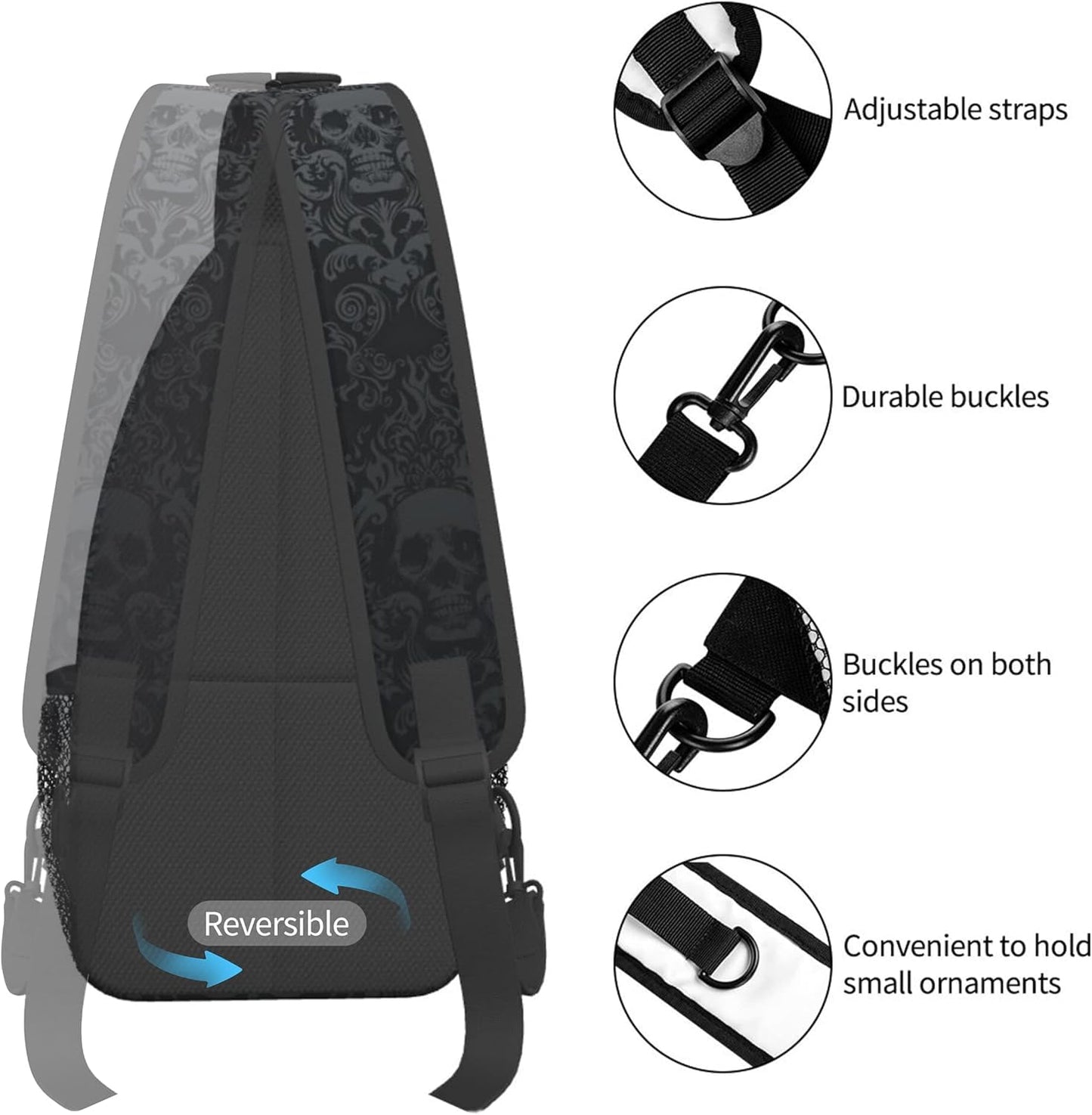 MEDTOGS Skull Sling Bag,Victorian Gothic Sling Backpack Black Crossbody Bag Men Casual Shoulder Daypack for Women Men Lightweight Travel Hiking Gym