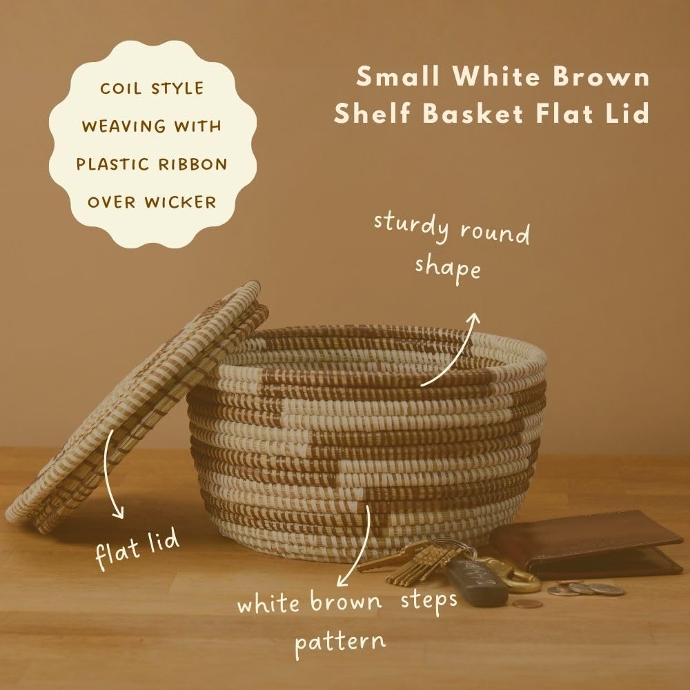 Key Basket with Lid for Entryway, Brown Pattern on White, Flat Lid, 10 Inch Wide