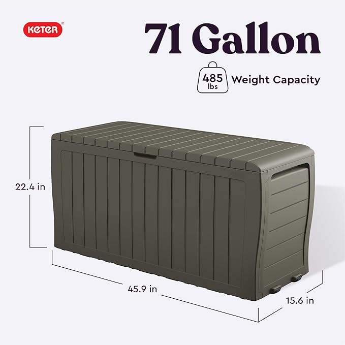 Keter Marvel Plus 71 Gallon Resin Outdoor Storage Box for Patio, Balcony & Garden – Weather‑Resistant Deck Box for Cushions, Pillows, Pool Floats & Tools, Mossy Brown
