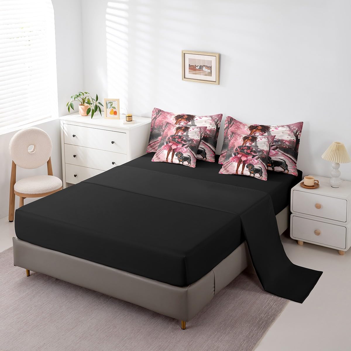 Black Fashion Lady Comforter Set Twin Size,Paris Eiffel Tower Bedding Set for Girls Teens,Romantic Valentine's Day (Comforter+Fitted+Flat Sheet+2 Pillowcases+2 Throw Pillow Covers) 7 Pieces