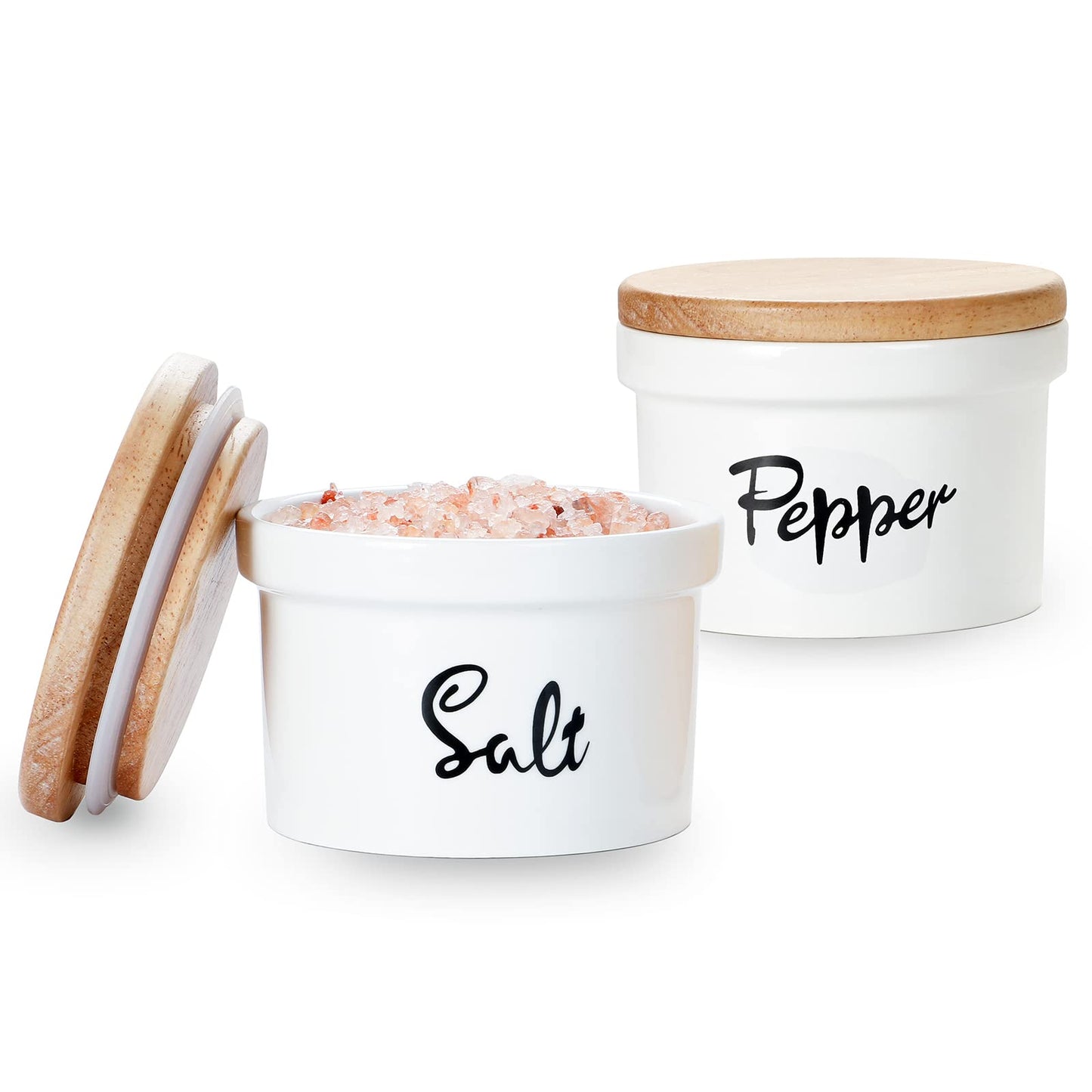 HAOTOP Salt and Pepper Bowls with wooden Lid, 12.5 oz Ceramic Salt and Pepper Saver Container for Countertop, Farmhouse Kitchen Decor
