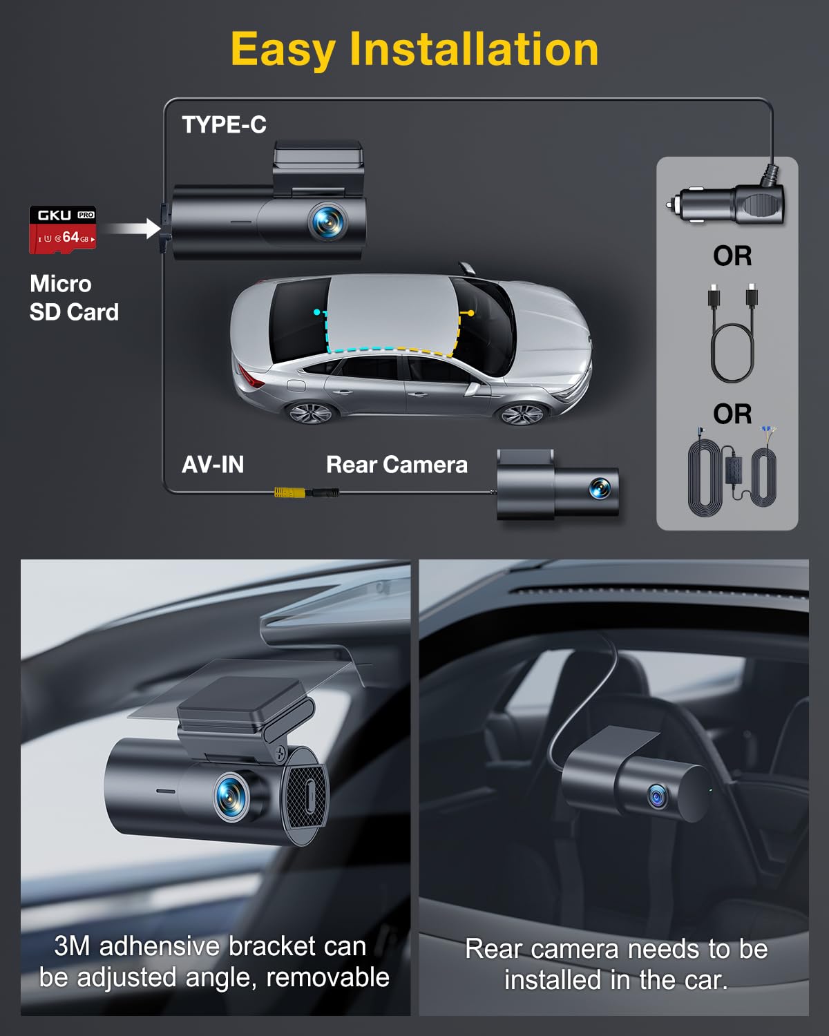 GKU 4K Dash Cam Front and Rear, 5GHz WiFi GPS, Dual Car Camera, 1.5” IPS Mini Dashcam for Cars with 64GB SD Card, 24H Parking Mode, Night Vision, WDR, 170° Wide Angle, G-Sensor, App Control, Max 256GB