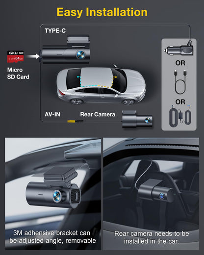 GKU 4K Dash Cam Front and Rear, 5GHz WiFi GPS, Dual Car Camera, 1.5” IPS Mini Dashcam for Cars with 64GB SD Card, 24H Parking Mode, Night Vision, WDR, 170° Wide Angle, G-Sensor, App Control, Max 256GB