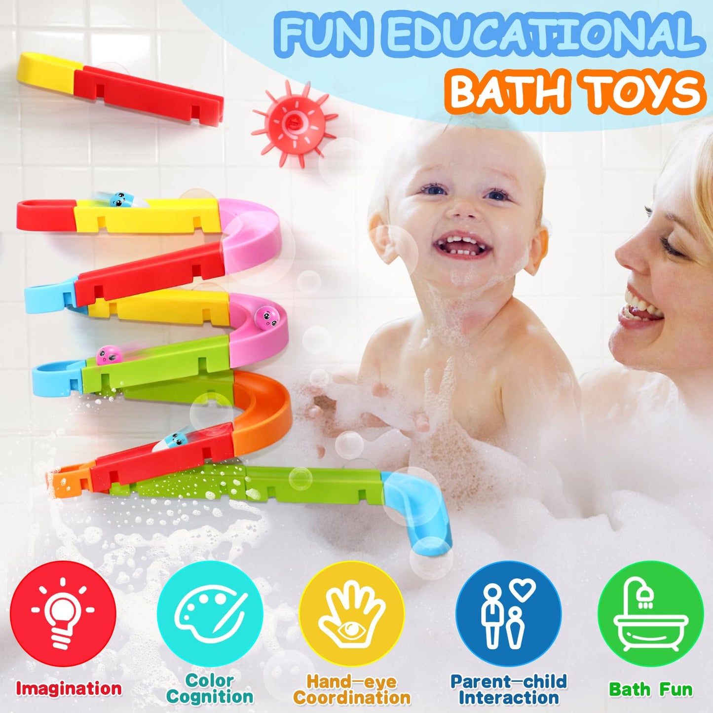 Nuheby Bath Toys Bath Track Game Shower Water Toys Watermill Slide Bath Toy Toddler Bath Time Multicoloured Diy Sucking Orbit with Suction Cups Kids Bathtub Toys for 3 4 5 Year Old Boys Girls