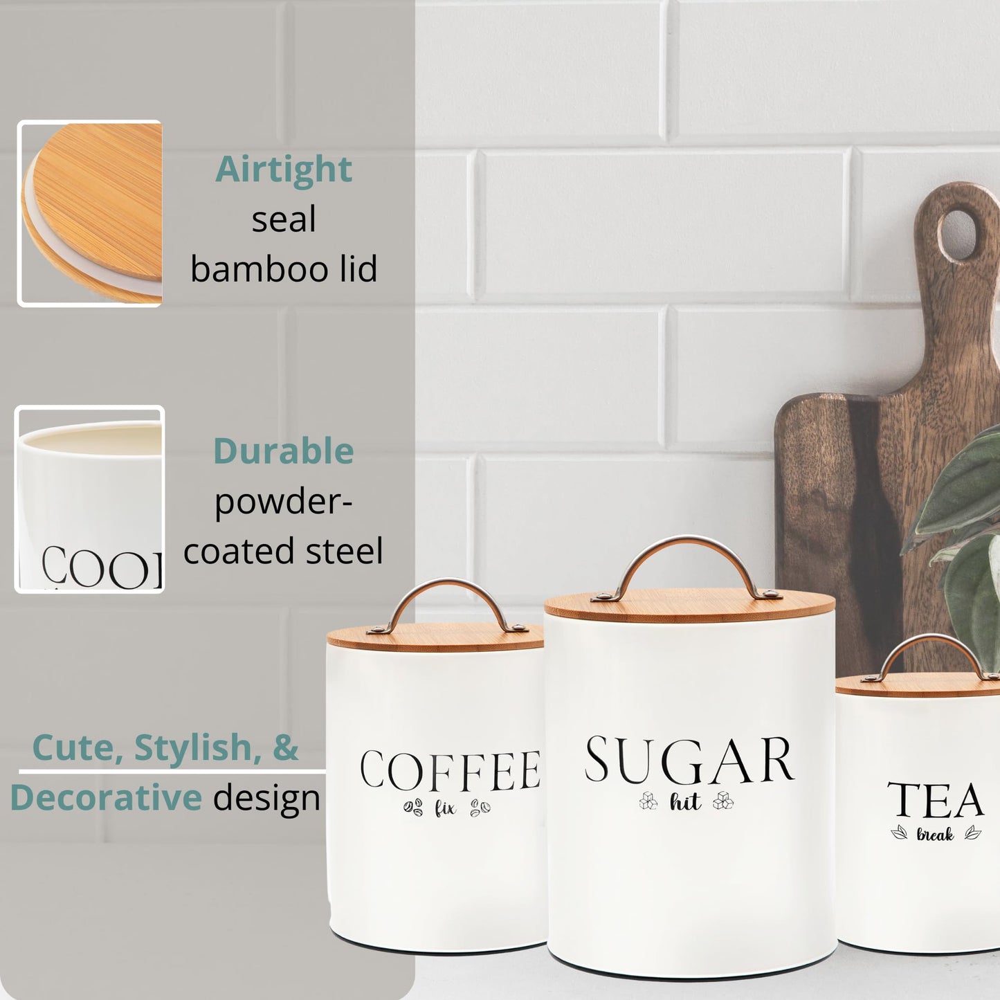 D'Lifeful Tea Coffee Sugar Canister Set - 3pc Airtight Canister Sets for Kitchen Counter - Farmhouse Containers for the Kitchen - Decorative Countertop storage with Airtight Lid for Freshness - White