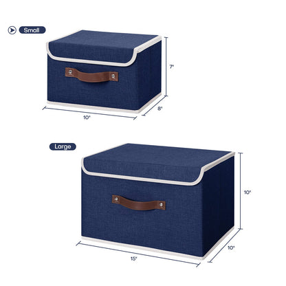 ANMINY Storage Bin with Lid Storage Boxes with PU Leather Handles PP Plastic Board Decorative Foldable Lidded Cotton Linen Fabric Home Cubes Baskets Closet Organizer Container - Blue, Small Size
