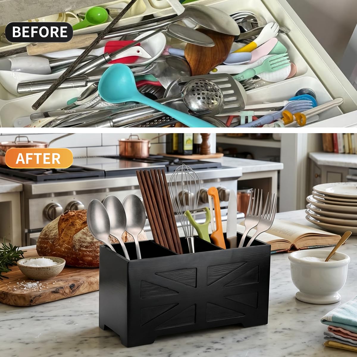 PEKER Wooden Utensil Holder, Black Kitchen Countertop Organizer with Removable Divider, 3 Compartments Pine Wood Utensil Crock with Drainage Hole & Non-Slip Base, 2 Pack