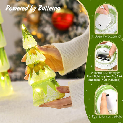 Lewondr LED Glass Christmas Tree Tabletop with Snow Cover Warm Yellow Light, 3 PCS 6H Timer Battery Operated Christmas Table Lamps Ornaments for Xmas Table Decorations Holiday Season Decor, Green