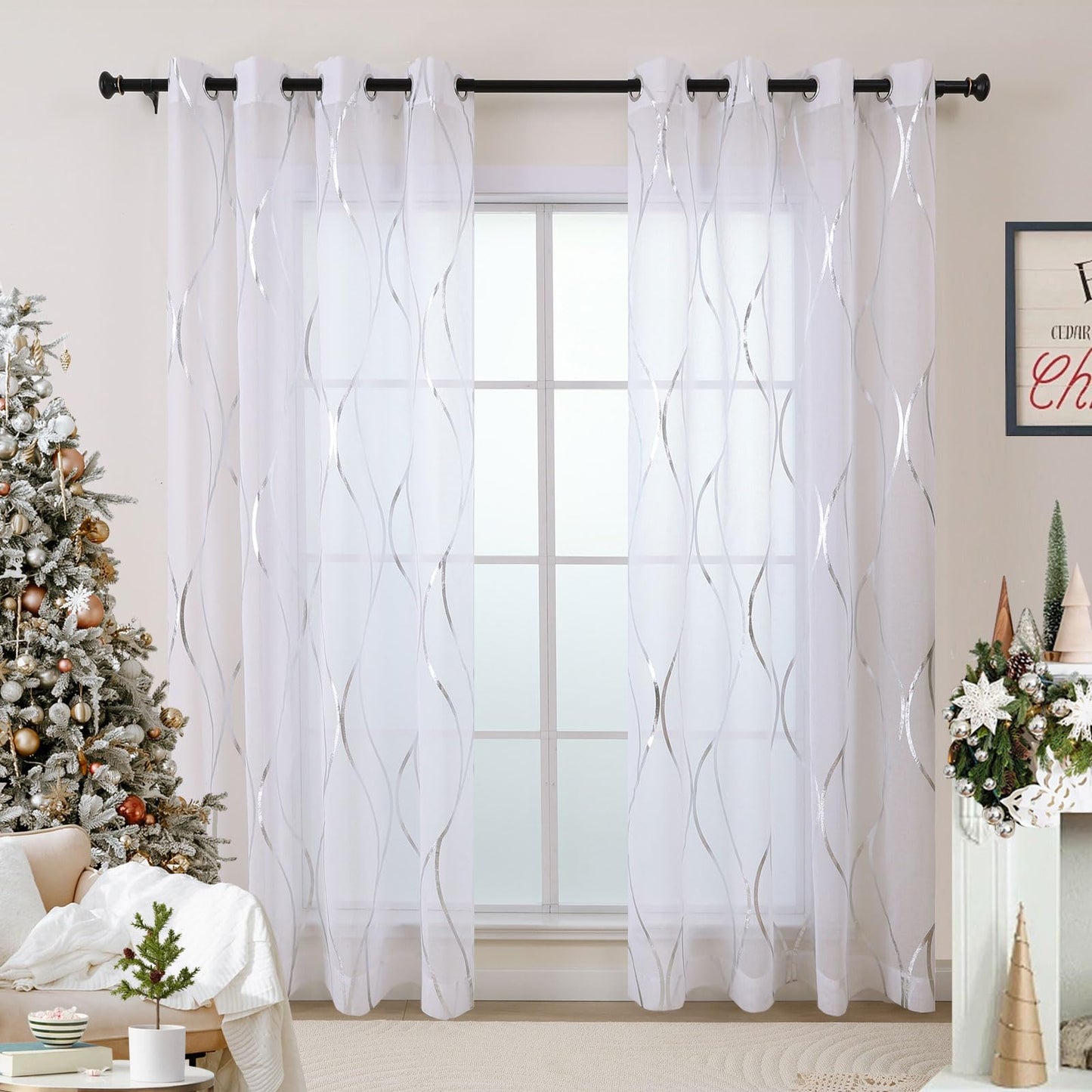 L.Z.E White and Silver Curtains for Living Room, See Through White Sheer Curtains 84 Inches Long 2 Panels Set, Grommet Transparent Window Drapes with Elegant Wave Patterns