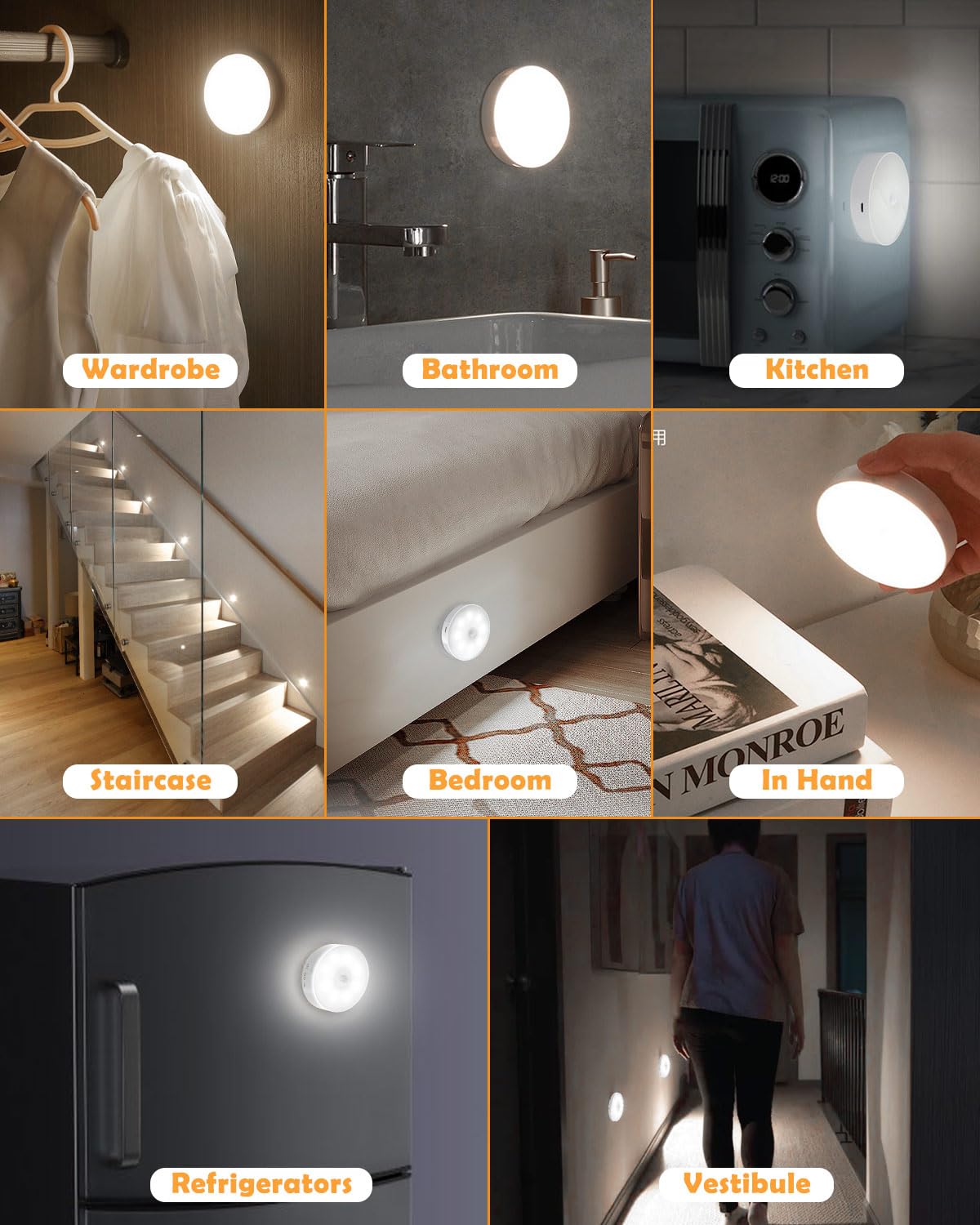 Motion Sensor Lights Indoor, 6 Pack Cupboard Light, Stair Lights Night Light, 3 Modes USB Charging Wall, Magnetic for Kitchen Stair Closet Under Cabinet