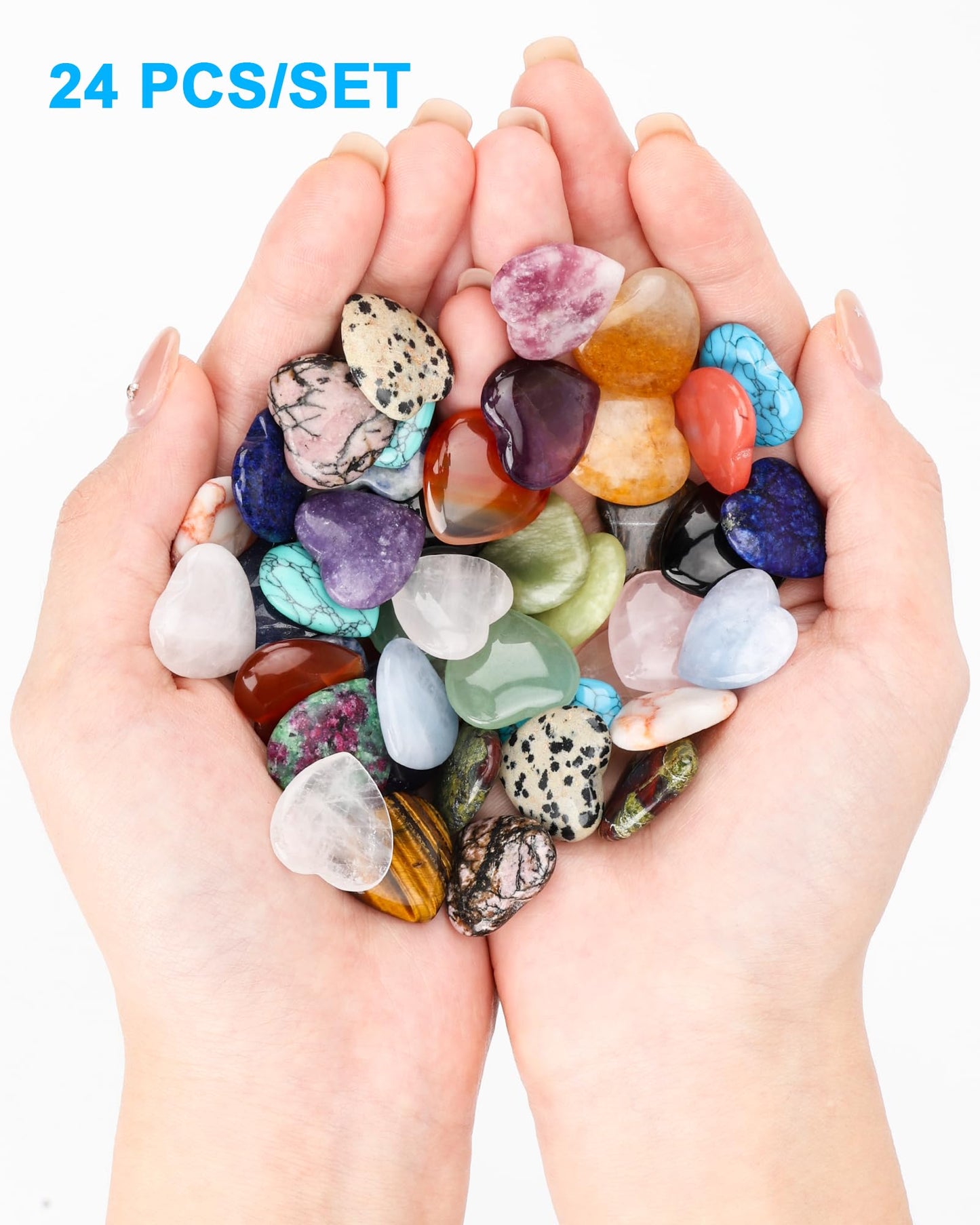 lulir 24 Pcs Natural Heart Crystals Healing Stones Set - 0.8" Pocket Reiki Gemstones for Meditation, Mini Heart Shaped Worry Stones for Anxiety, Chakra Energy Stone Bulk, Valentine's Day Gift