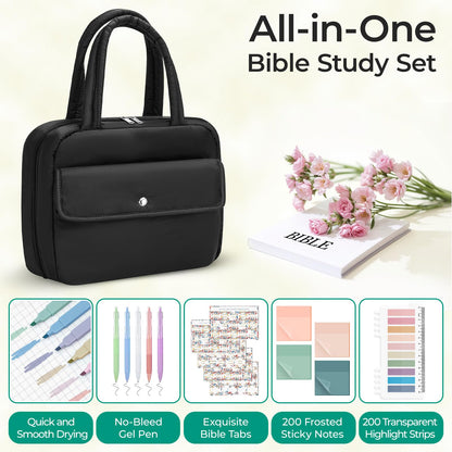 WOBAGMEN Puffy Bible Cover Case for Women with Study Supplies,Soft Bible Bag with Highlighters for Girls, Bible Journaling Kit Christmas Christian Gift for Women (Black, M)