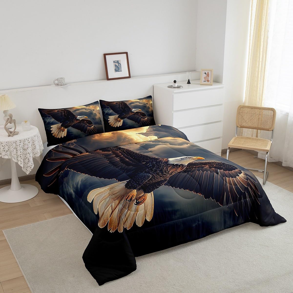 Manfei Flying Eagle Bed Comforter Set Queen Size,Wild Nature Animal Super Soft Microfiber Bedding Set for Girls Boys,Nature Clouds Sky Sunshine Print Decorative Quilter Set