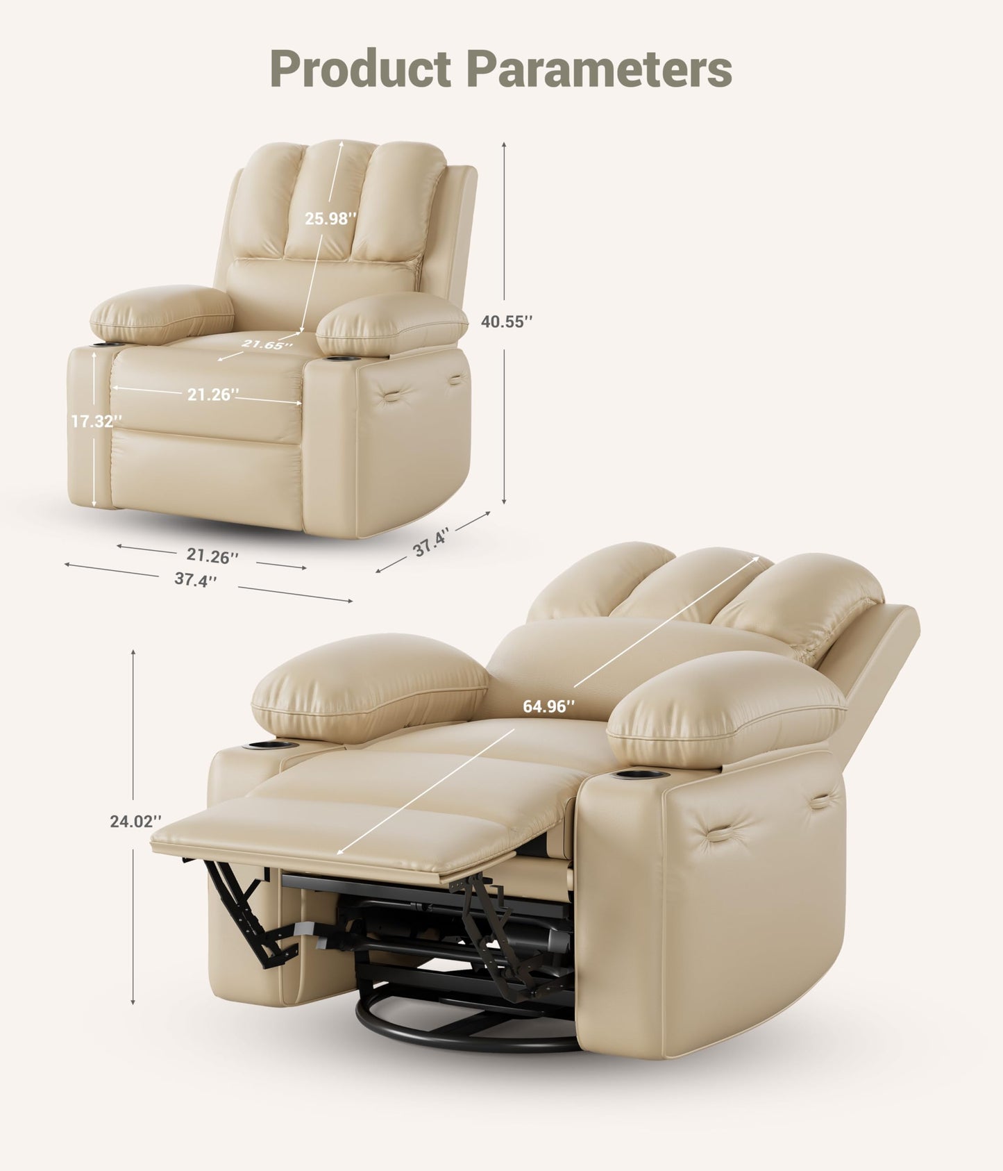 EliteEdge Oversized 27" Electric Recliner Chair with Massage & Heat, PU Leather Swivel Rocker Recliner with Remote Control and Cup Holders, Lounge Chair for Living Room, Bedroom, Nursery, Beige