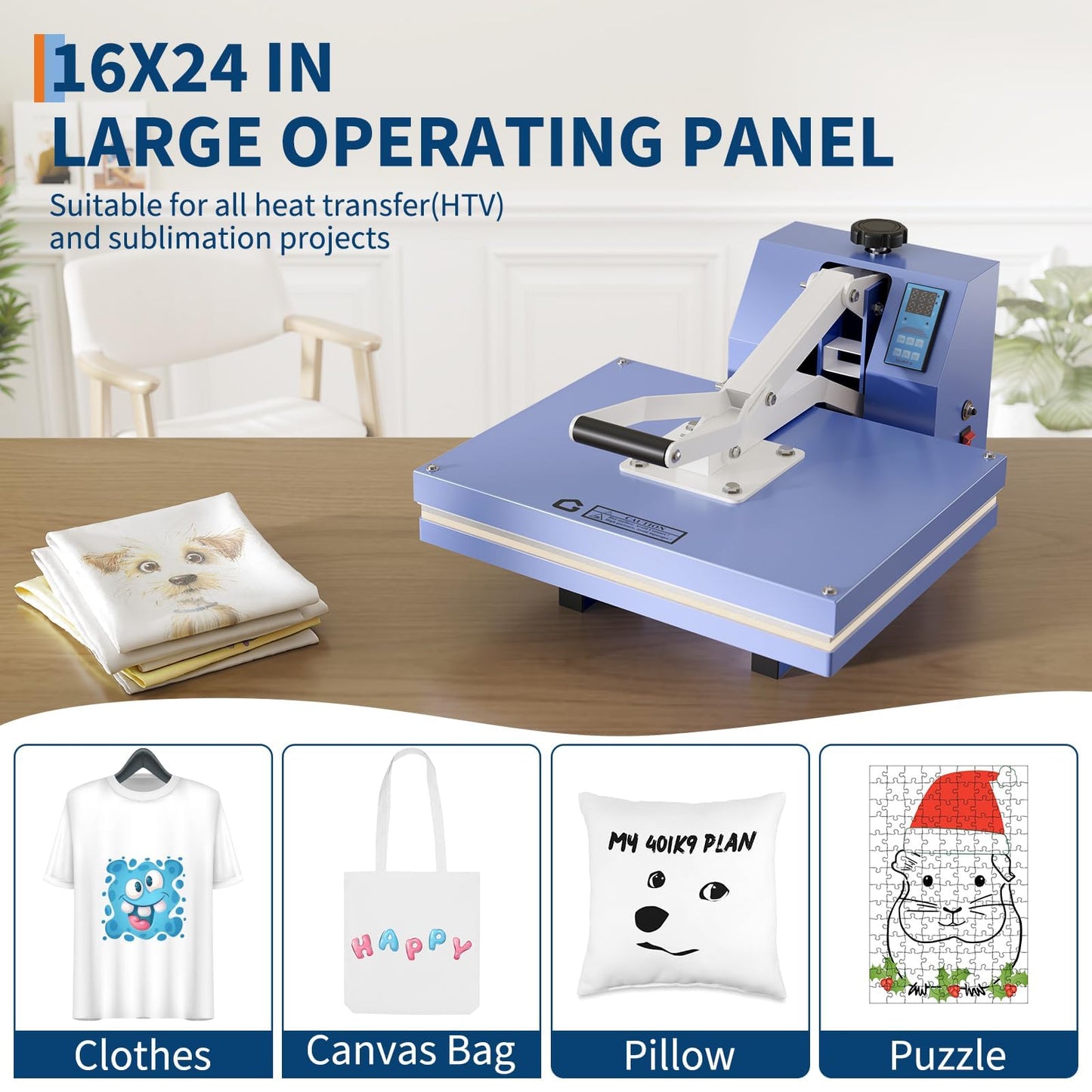 16x24 Heat Press Machine for t-Shirts, Sublimation Transfer, Fast Heating, Digital Precise Temperature Control, Adjustable Pressure, Industrial Transfer Printer for Commercial & Home Use, Baby Blue