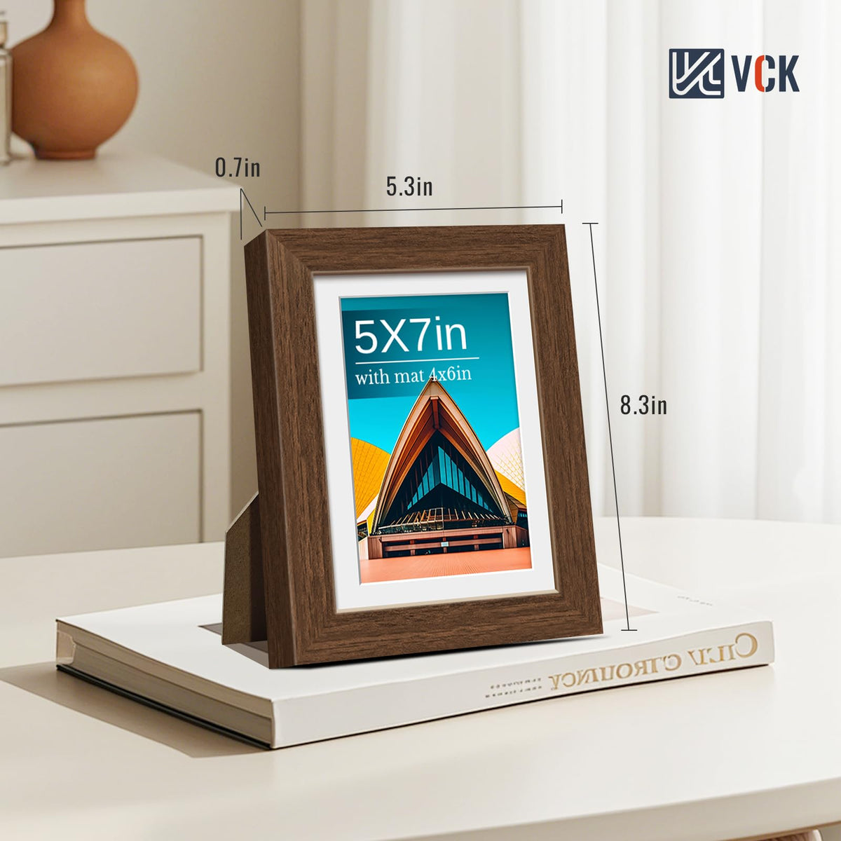 VCK 5x7 Picture Frame with Glass - 4 Pack, Display Pictures 4x6 with Mat or 5 x 7 without Mat - Wall and Tabletop, 5 by 7 Photo Brown Wooden Frames