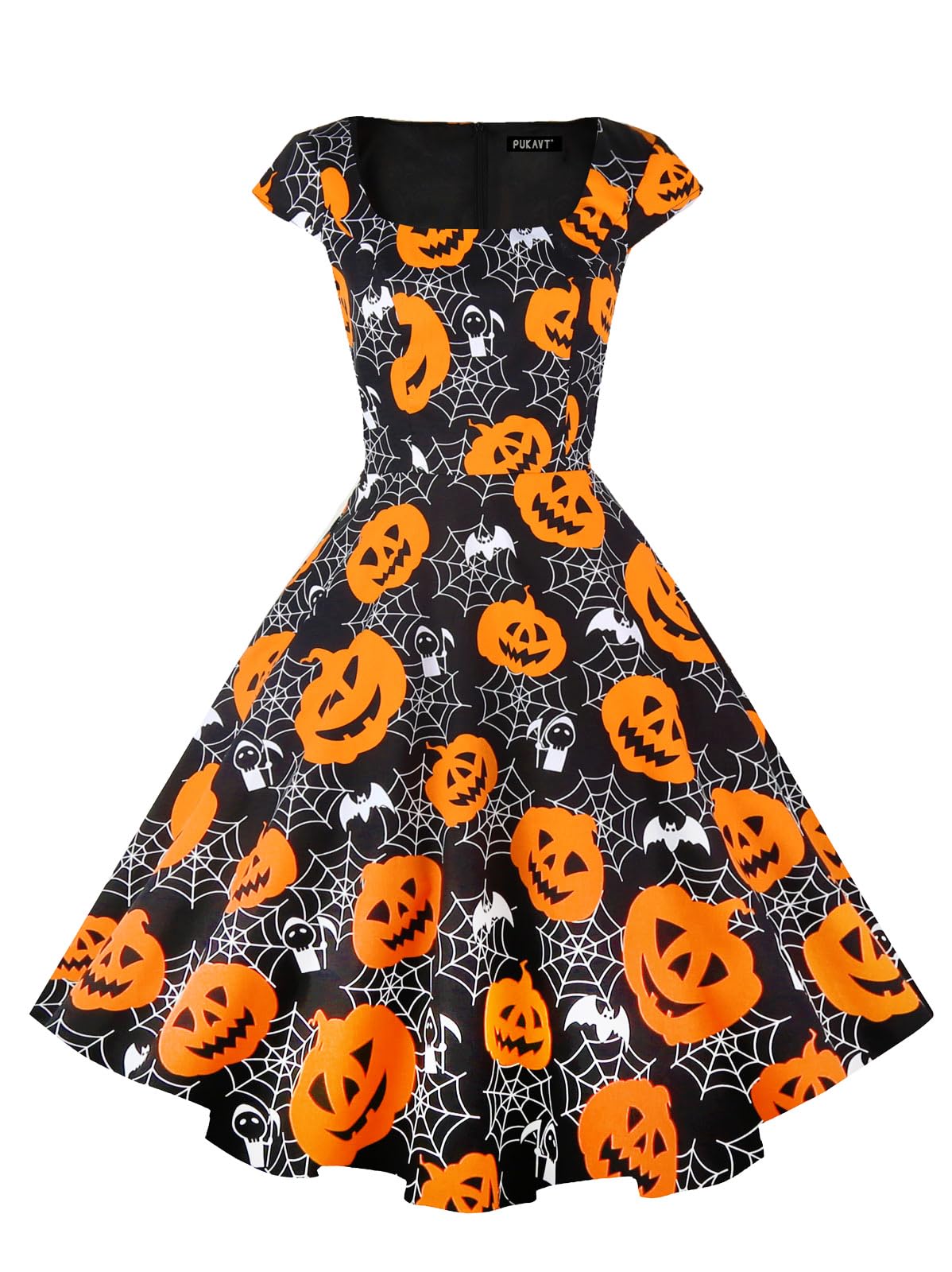 PUKAVT Women's Cocktail Party Dress Cap Sleeve 1950 Retro Swing Dress with Pockets Pumpkin L