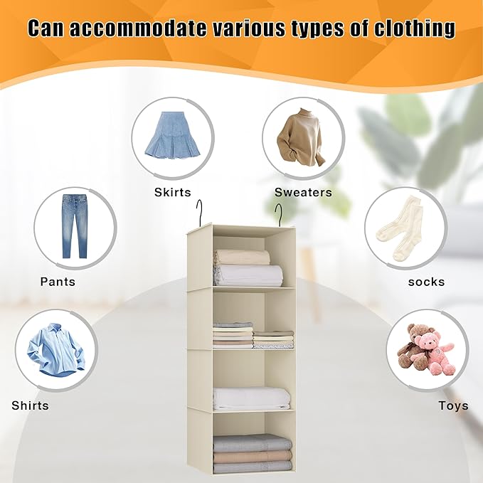 Hanging Closet Organizer, Easy Mount Foldable 4-Shelf Hanging Closet Wardrobe