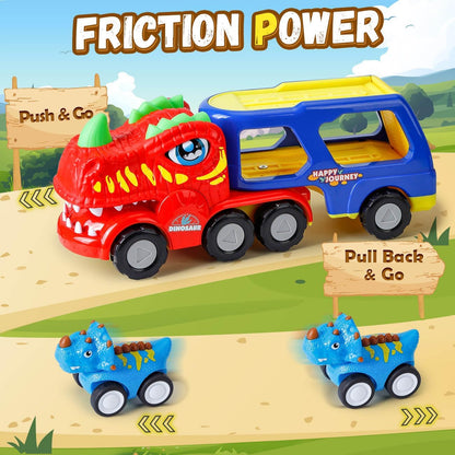 KmmiFF Monster Truck and Dinosaur Car Toys for Toddlers 2-5 Years Old - 5-Piece Pull Back Cars Set - Birthday Gifts for Boys and Girls