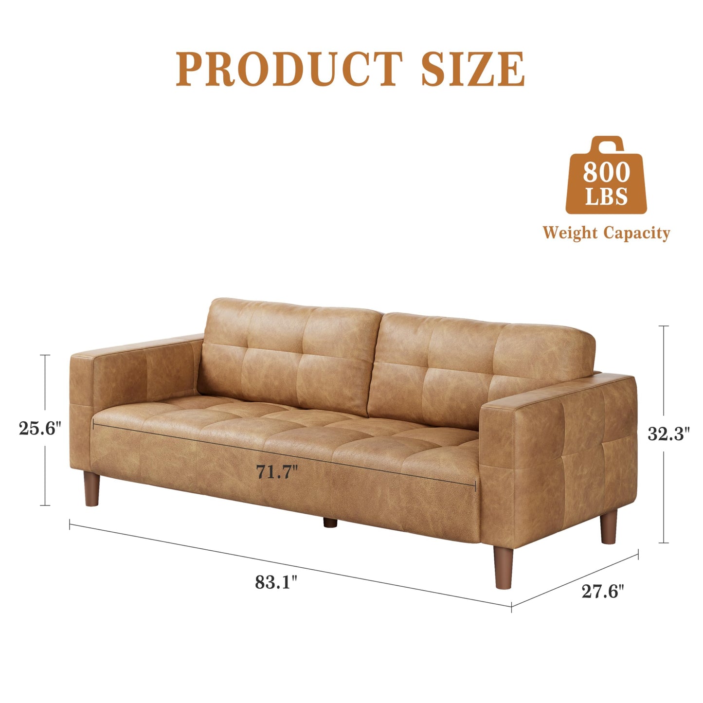 IDEALHOUSE 83” Brown Faux Leather Couch, 3 Seater Sofa Couches with 2 Removable Back Cushions for Living Room, Large Mid Century Modern Office Apartment Couch (Brown)