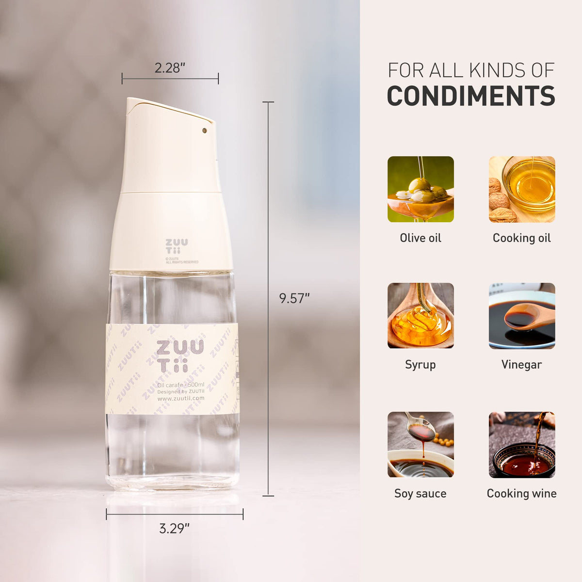 Zuutii Olive Oil Dispenser, Drip Free Spout Oil Container for Kitchen.Vinegar Dispenser, Glass Bottle for Cooking,500ML,Light Cream