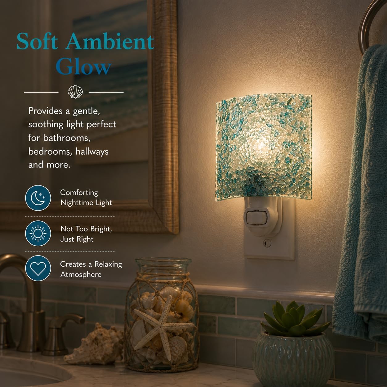 J Devlin Aqua Crushed Glass Night Light, Coastal Decor