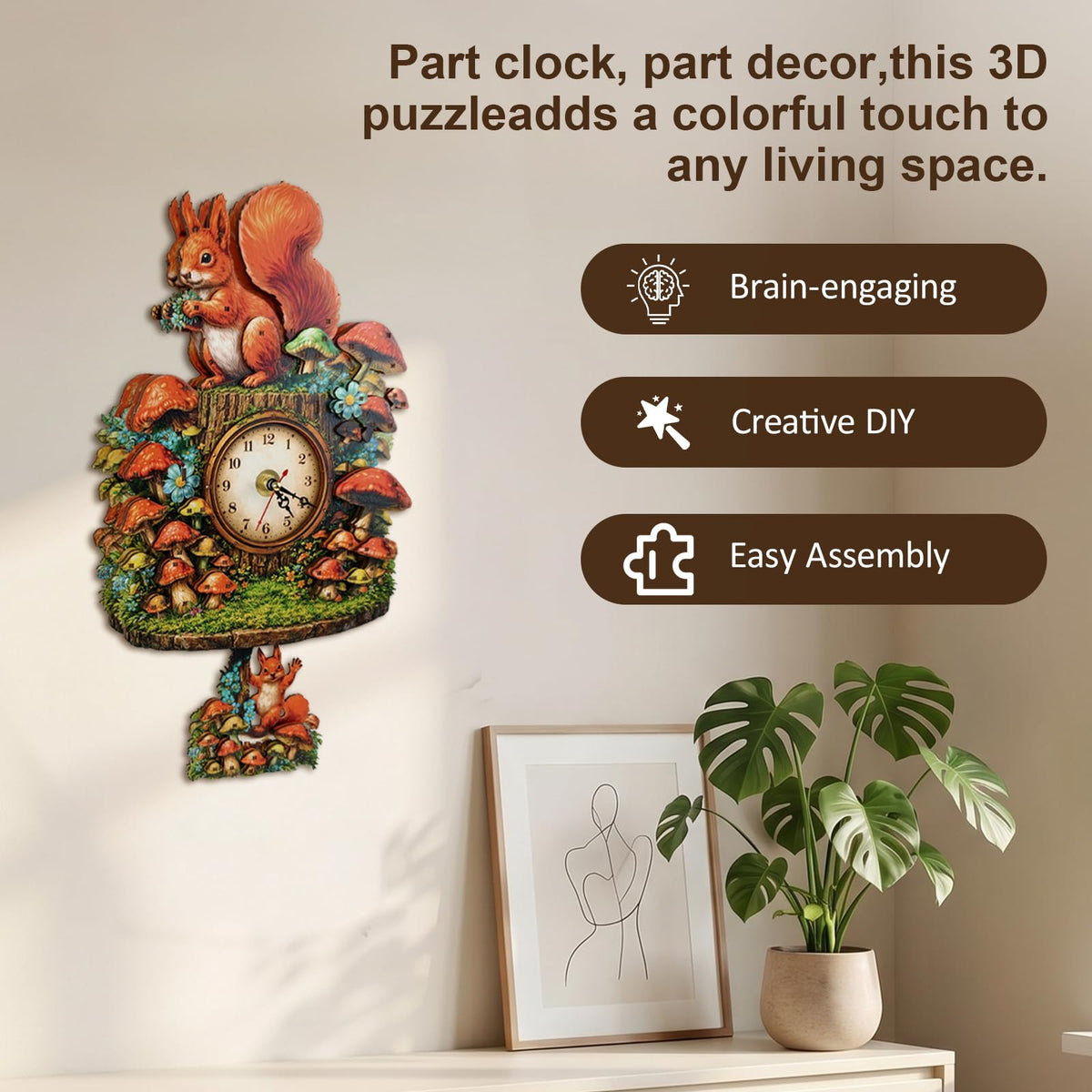 NIUNIUAMY 3D Wooden Puzzle Squirrel Clock Mechanical DIY Model Kit with Pendulum Forest Animal Gear Desk Clock Mushroom Decor Challenging Craft Gift for Adults Men Women