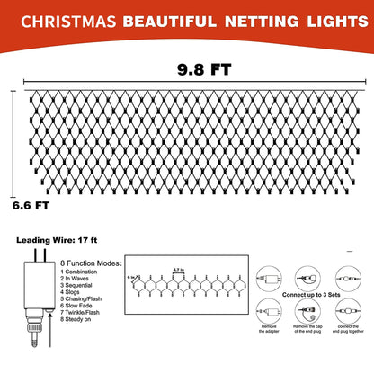 FUNPENY Christmas Net Lights, 9.8ft x 6.6ft 200 LED Clear Wire Mesh Decor with 8 Modes Waterproof Connectable Xmas Decorations for Outdoor Outside Bushes Yard Lawn Patio Tree Garden Party (White)
