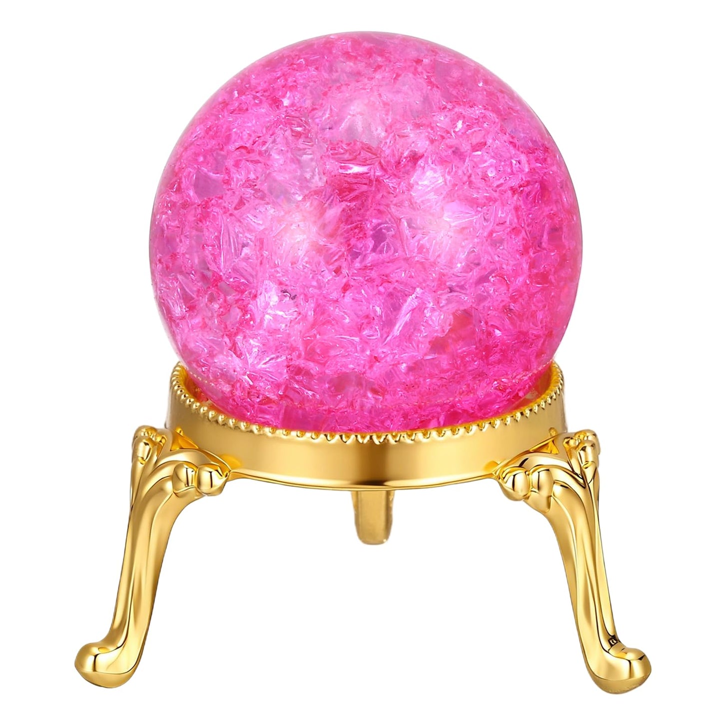 PATIKIL Crystal Ball 40mm, Ice Cracked Glass Ball with Metal Stand, Decorative Crystal Sphere Glass Paperweight for Home Office Table Decor, Pink/Gold