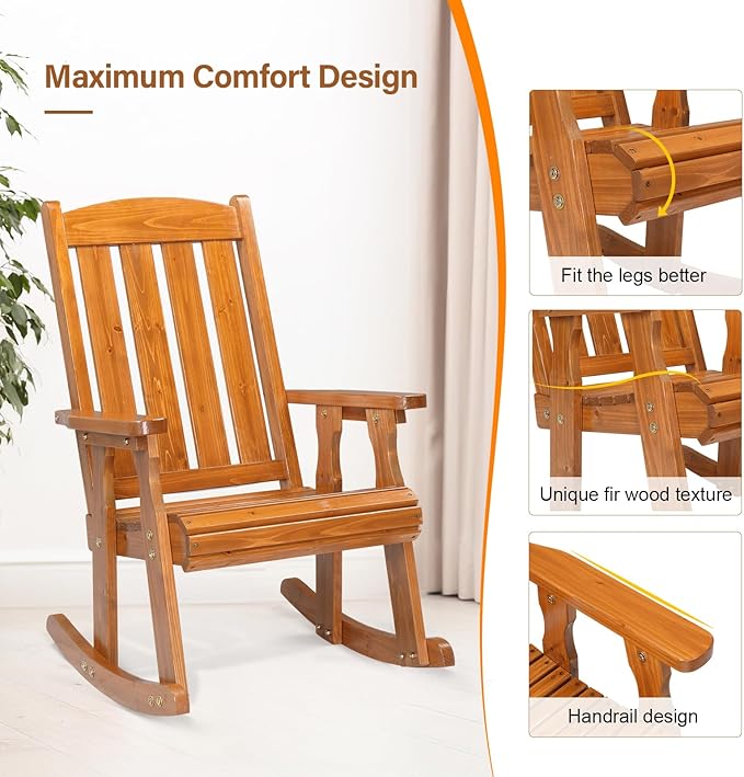 VINGLI Heavy Duty 600 LBS Outdoor Wooden Rocking Chair with Higher Backrest,Patio Rocking Chair with Ergonomic Design, Weatherproof Outdoor Rockers Suit for Patio, Garden, Balcony, Yard
