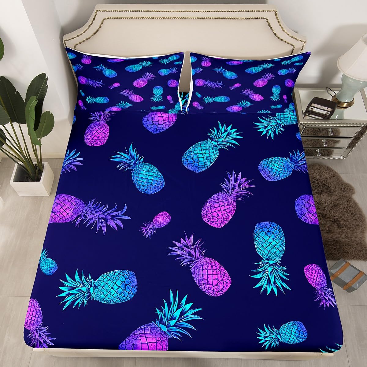 Pineapple Bed Sheet Set Tropical Fruit Print Bedding Set Purple Blue Pineapple Pattern Fitted Sheet for Children Kids Boys Girls Bohemian Exotic Style Bed Cover No Flat Sheet Room Decor Twin Size