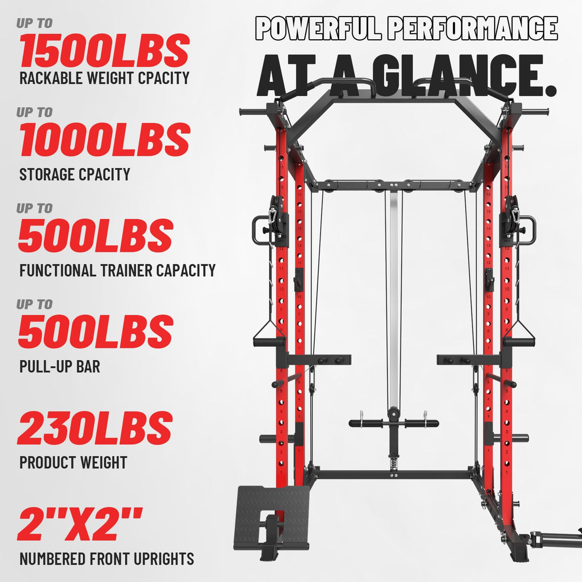 Mikolo Power Cage Power Rack with Cable Crossover System, 1500LBS Squat Rack,with LAT Pull Down System, Home Gym Packages with Weight Bench, Olympic Barbell Weight Set-Red