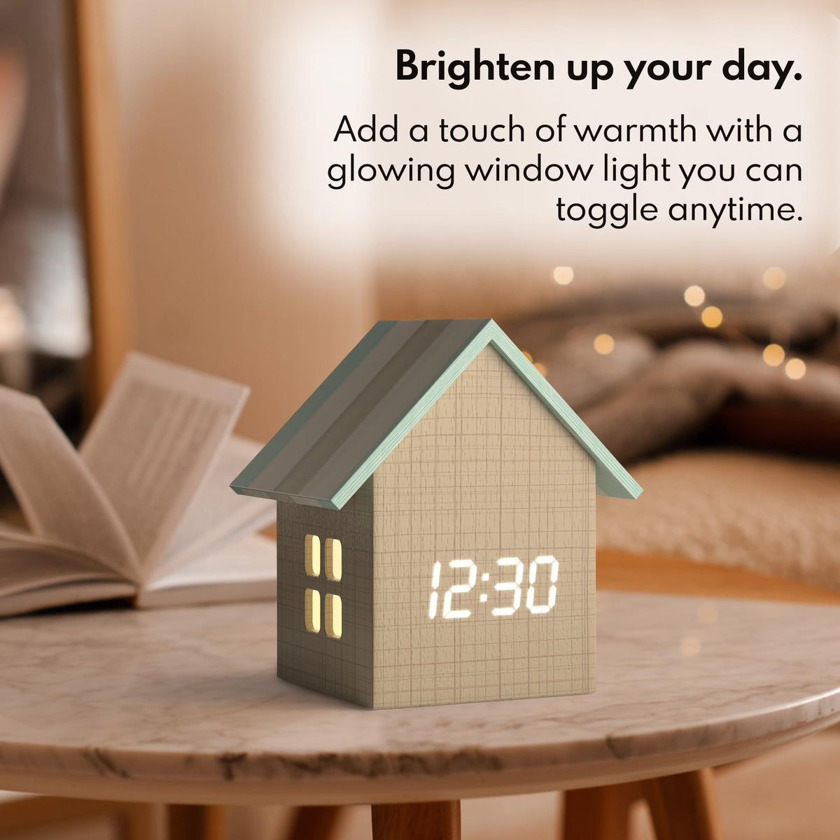 Driini Digital House Shaped Alarm Clock with Temperature Display (Stripe Wood) – Modern Aesthetic - Cute Cube Frame and White LED Dimmer - Perfect Small Desk Clock for Bedside Table or Bedroom Mantle