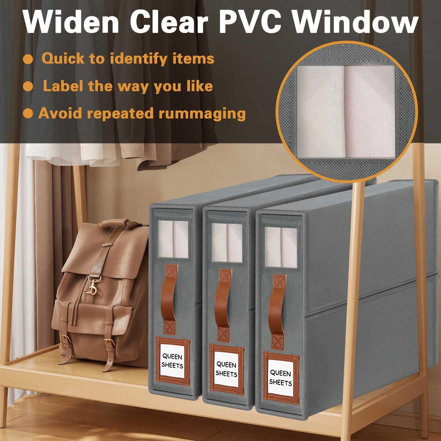 GhvyenntteS Sheet Organizers and Storage 4 Pack (Queen & King Size), Foldable Bed Sheet Organizer with Window and Label, Storage with Leather Handle, Grey