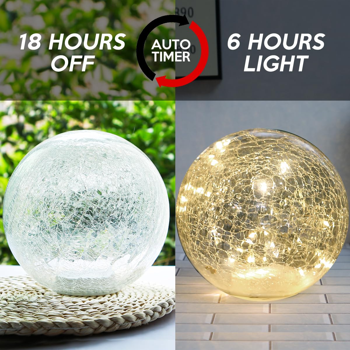 Crackle Globe LED Lamp Battery Operated with Timer, Lighted Glass Orb for Living Room & Festival Christmas Decoration, Indoor Glowing Night Light Sphere Table Lamp for Mother's Gift, Glass Ball Light