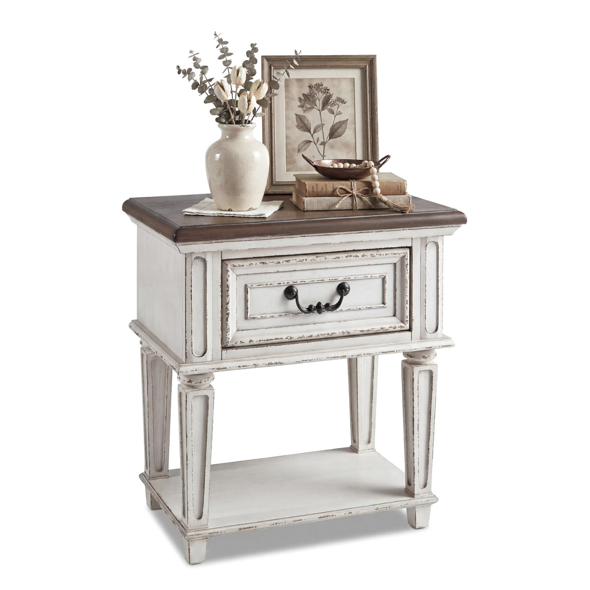 Signature Design by Ashley Realyn Traditional Cottage 1 Drawer Nightstand with Dovetail Construction & Open Display Shelf, Chipped White, 27" Tall, Distressed Brown