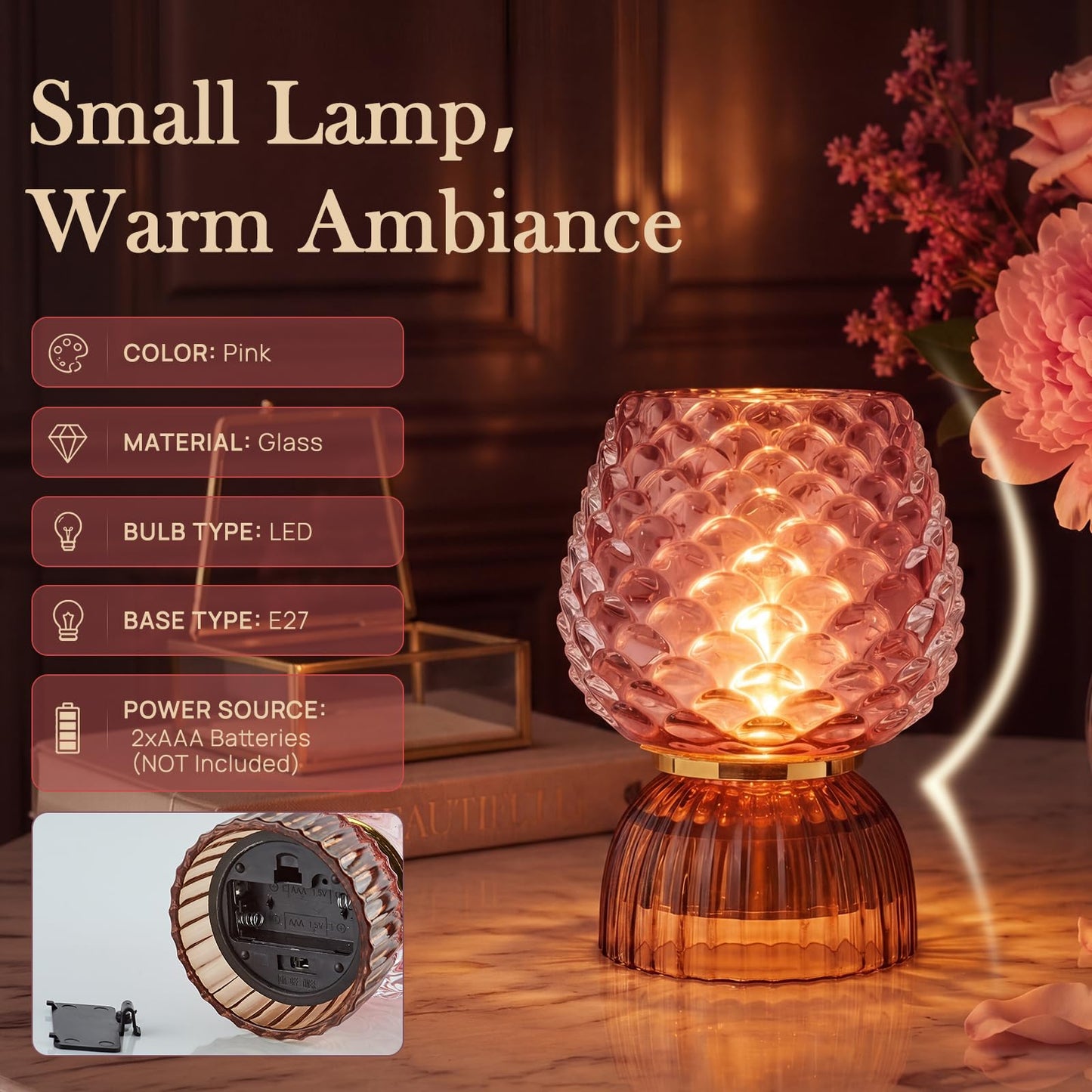 SisiHokai Battery Operated Lamp with Timer, Cute Small Cordless Glass Table Lamp for Home Decor, Kitchen, Bathroom, Birthday Gift for Women, Pinecone, Pink