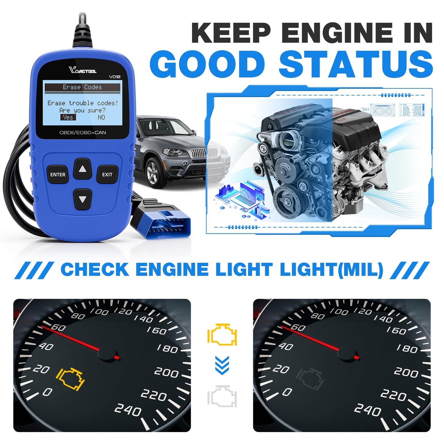 VDIAGTOOL VD10 OBD2 Scanner Code Reader Car Diagnostic Tool Engine Fault Code Reader for Turn Off CEL with Freeze Frame/I/M Readiness for All OBDII Protocol Cars,obd2 Scanner Diagnostic Tool