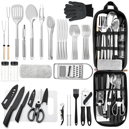 THTYBROS Portable Camping Kitchen Utensil 34 Pcs Set- Cookware Kit, Stainless Steel Outdoor Cooking and Grilling Utensil Organizer Travel Set Perfect for Travel, Picnics, RVs, Camping, BBQs, Parties